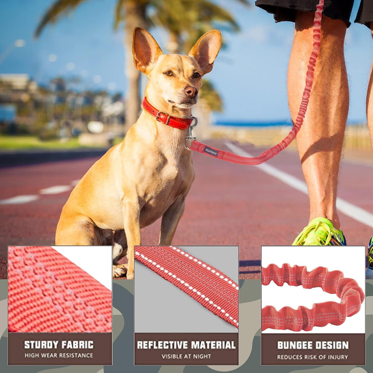 Heavy Duty Bungee Dog Leash for Large Breeds - 6FT with 2 Padded Handles, Shock Absorption, No Pull Training, Red