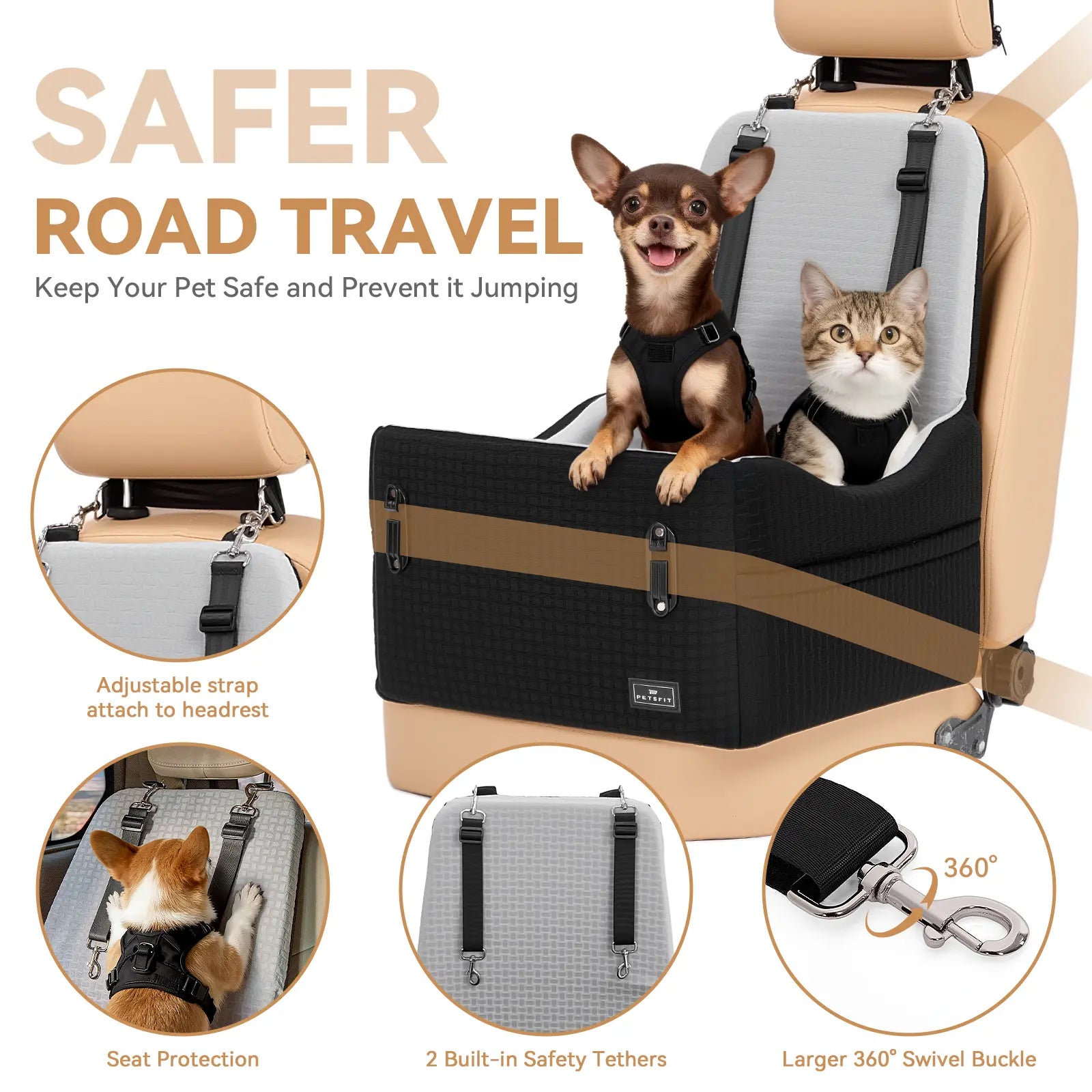 PETSFIT Dog Car Seat for Small/Medium Dogs up to 35 Lbs – Patented Safety System, 5" Memory Foam Pet Booster Car Seat, Fully Detachable and Washable Dog Carseat with 2 Storage Pockets (Black & Grey)