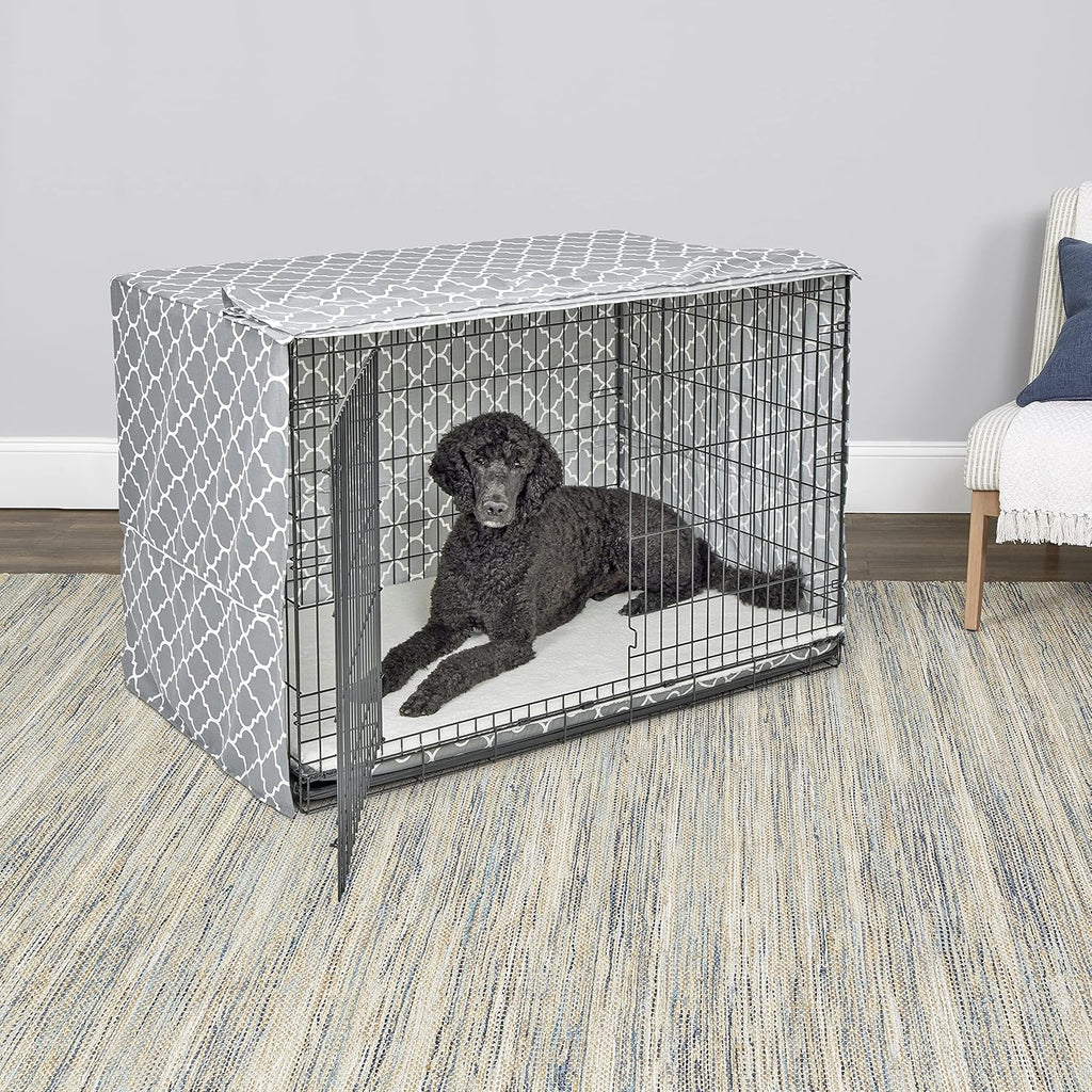 Midwest Homes for Pets XL Dog Crate Cover Featuring Teflon Fabric Protector, Poly-Cotton Privacy Kennel Cover Fits Most 48-Inch Crates, Gray Designer Print, Machine Washable, Reduces Barking