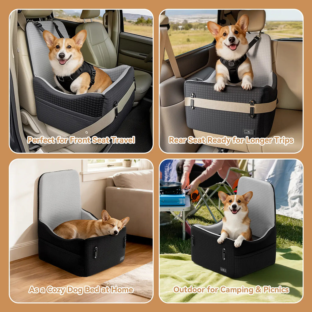 PETSFIT Dog Car Seat for Small/Medium Dogs up to 35 Lbs – Patented Safety System, 5" Memory Foam Pet Booster Car Seat, Fully Detachable and Washable Dog Carseat with 2 Storage Pockets (Black & Grey)