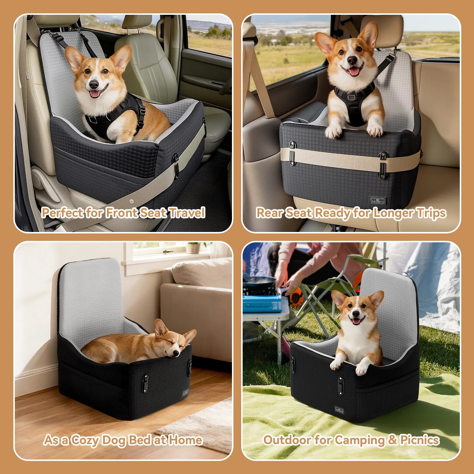 PETSFIT Dog Car Seat for Small/Medium Dogs up to 35 Lbs – Patented Safety System, 5" Memory Foam Pet Booster Car Seat, Fully Detachable and Washable Dog Carseat with 2 Storage Pockets (Black & Grey)