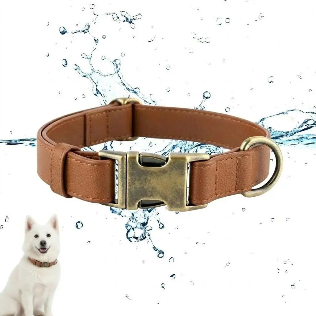 Waterproof Dog Collar with Vintage Brass Buckle Soft Silicone Leather Look Durable and Odor Free for Small Medium Large Dogs